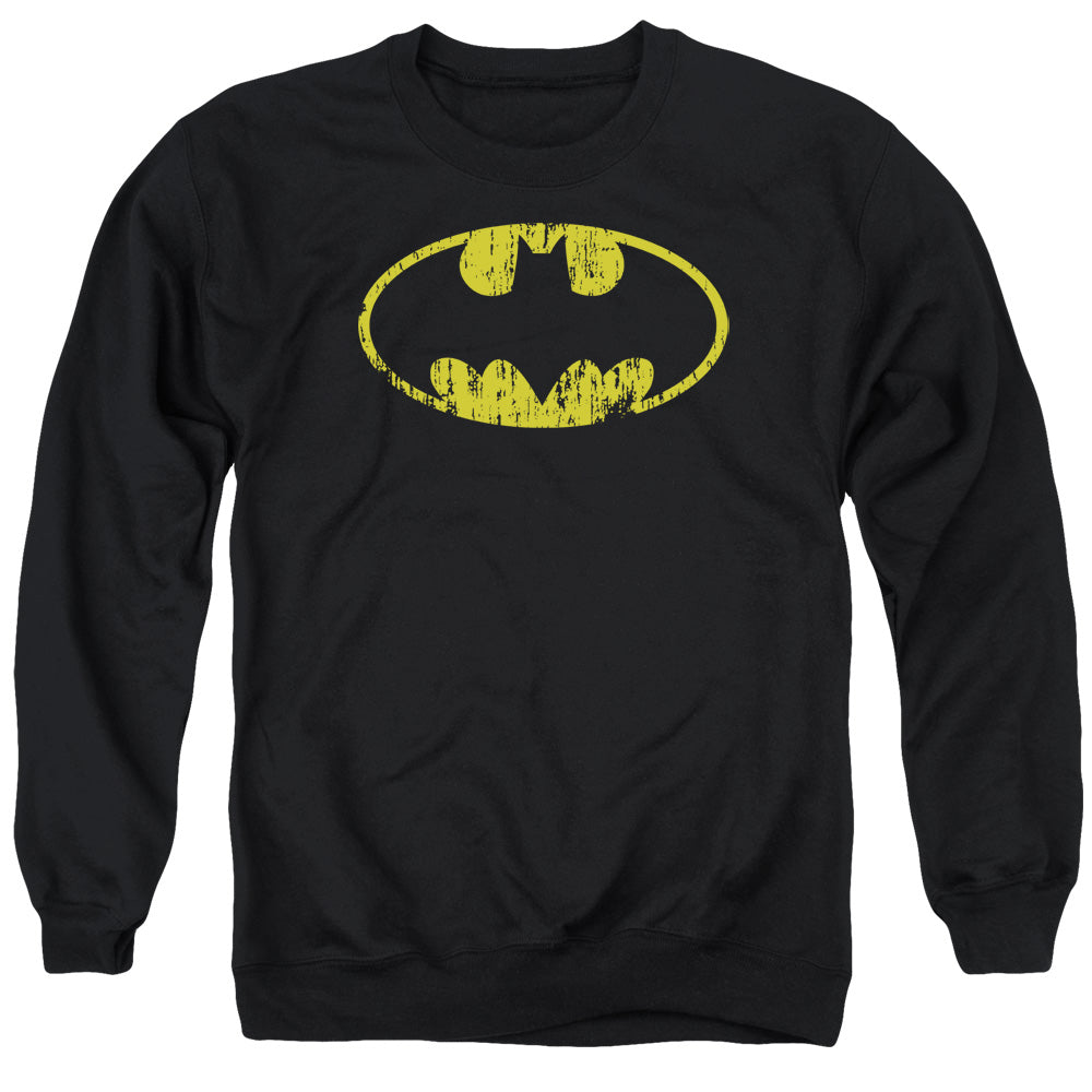 AN OFFCIALLY LICENSED BATMAN CLASSIC LOGO DISTRESSED ADULT UNISEX CREWNECK SWEATSHIRT BLACK