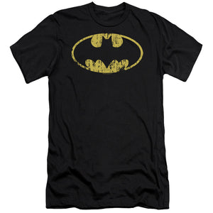 AN OFFCIALLY LICENSED BATMAN CLASSIC LOGO DISTRESSED MEN'S PREMIUM SLIM FIT T-SHIRT BLACK