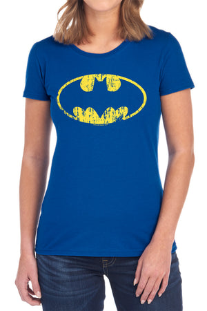 AN OFFCIALLY LICENSED BATMAN CLASSIC LOGO DISTRESSED WOMEN'S REGULAR FIT T-SHIRT BLACK