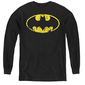 AN OFFCIALLY LICENSED BATMAN CLASSIC LOGO DISTRESSED YOUTH LONG SLEEVE T-SHIRT BLACK