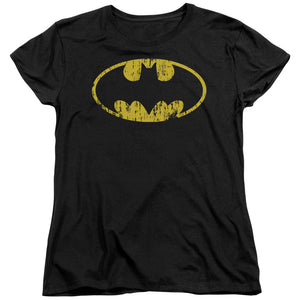 AN OFFCIALLY LICENSED BATMAN CLASSIC LOGO DISTRESSED WOMEN'S REGULAR FIT T-SHIRT CHARCOAL