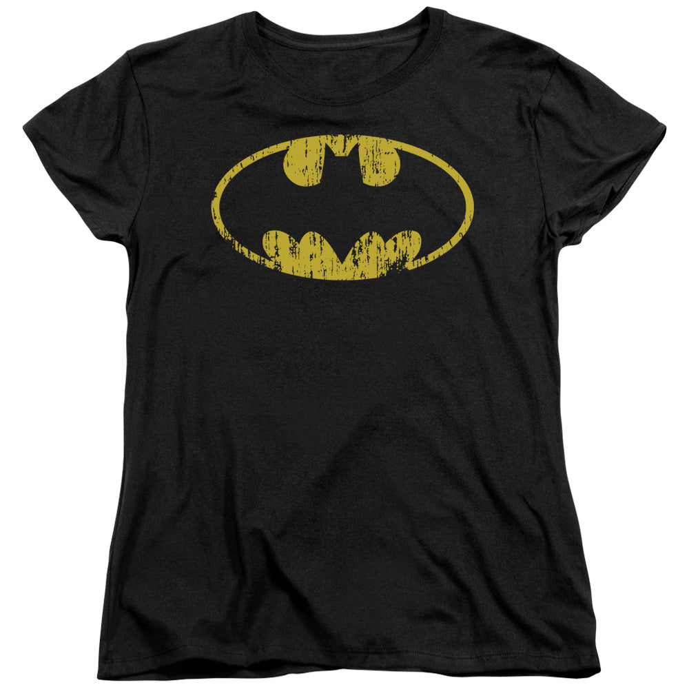 AN OFFCIALLY LICENSED BATMAN CLASSIC LOGO DISTRESSED WOMEN'S REGULAR FIT T-SHIRT CHARCOAL