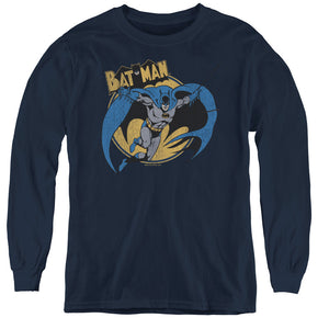 AN OFFCIALLY LICENSED BATMAN THROUGH THE NIGHT YOUTH LONG SLEEVE T-SHIRT NAVY