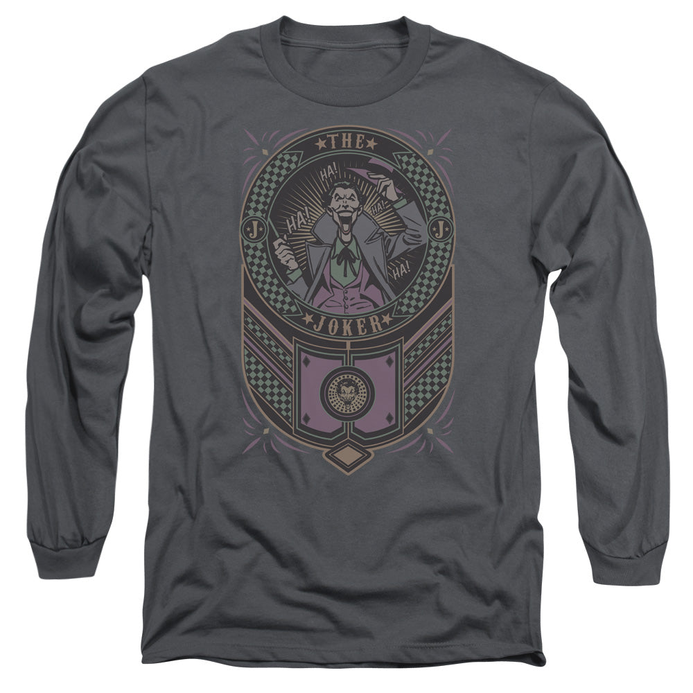 AN OFFCIALLY LICENSED BATMAN JOKER CHECKERED SIGN MEN'S LONG SLEEVE T-SHIRT CHARCOAL