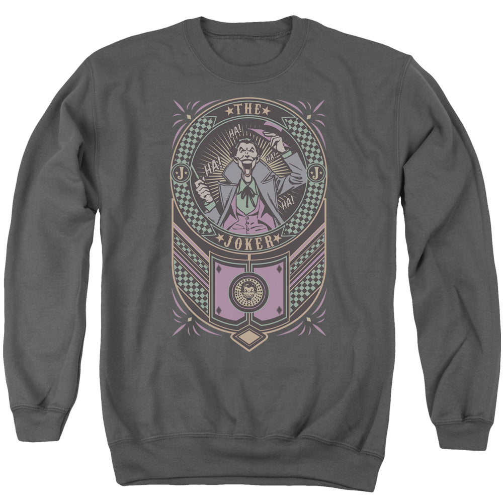 AN OFFCIALLY LICENSED BATMAN JOKER CHECKERED SIGN ADULT UNISEX CREWNECK SWEATSHIRT CHARCOAL