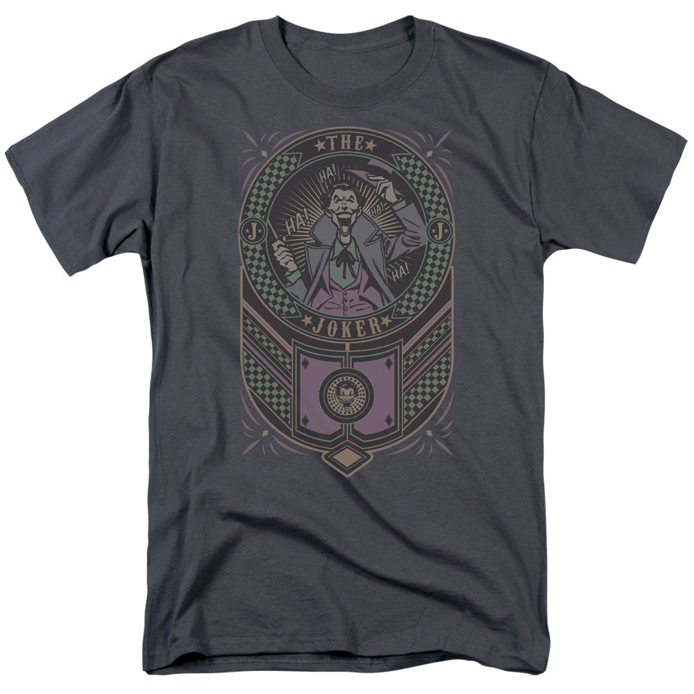 AN OFFCIALLY LICENSED BATMAN JOKER CHECKERED SIGN MEN'S REGULAR FIT T-SHIRT CHARCOAL