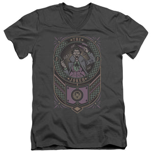 AN OFFCIALLY LICENSED BATMAN JOKER CHECKERED SIGN MEN'S V-NECK T-SHIRT CHARCOAL