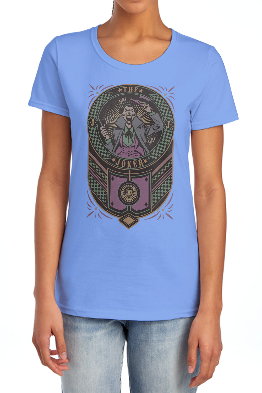 AN OFFCIALLY LICENSED BATMAN JOKER CHECKERED SIGN WOMEN'S REGULAR FIT T-SHIRT CHARCOAL