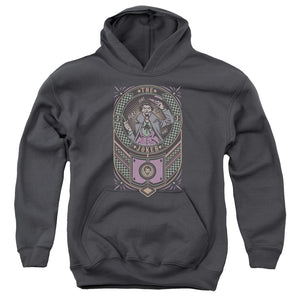 AN OFFCIALLY LICENSED BATMAN JOKER CHECKERED SIGN YOUTH HOODIE CHARCOAL