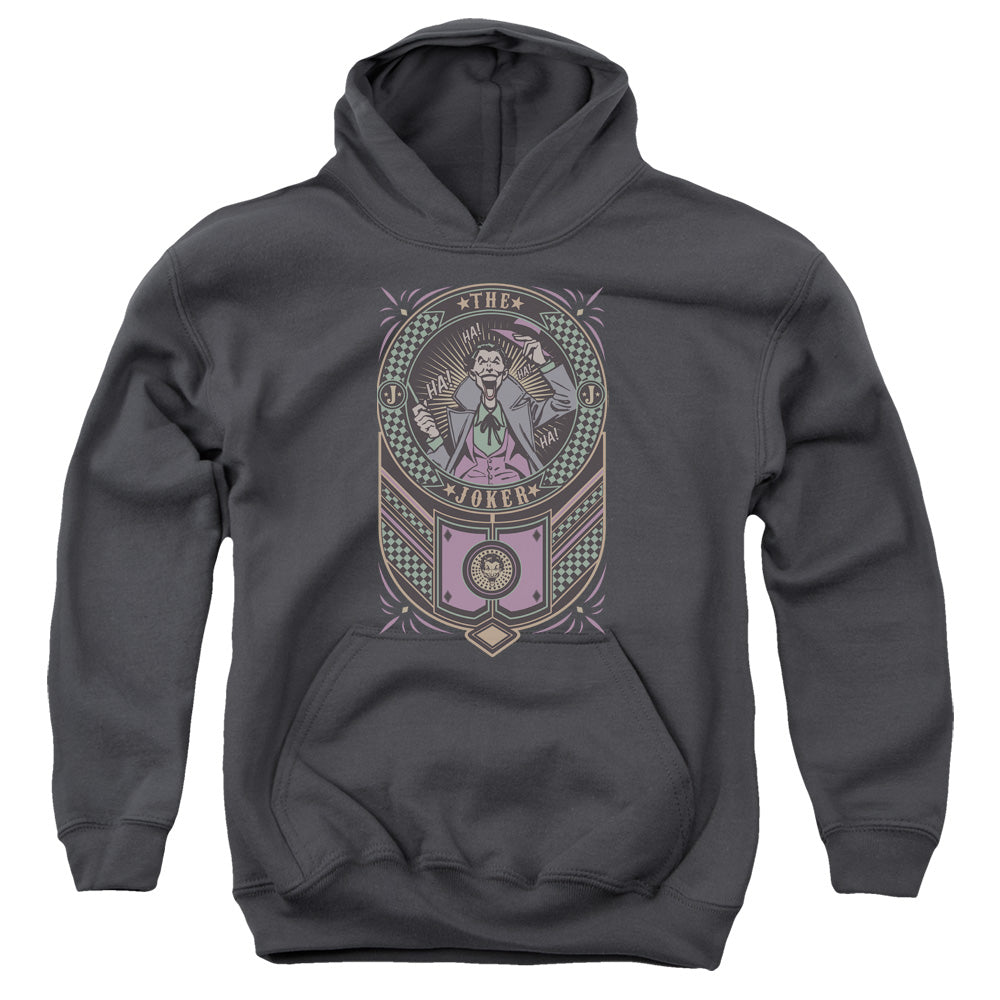 AN OFFCIALLY LICENSED BATMAN JOKER CHECKERED SIGN YOUTH HOODIE CHARCOAL