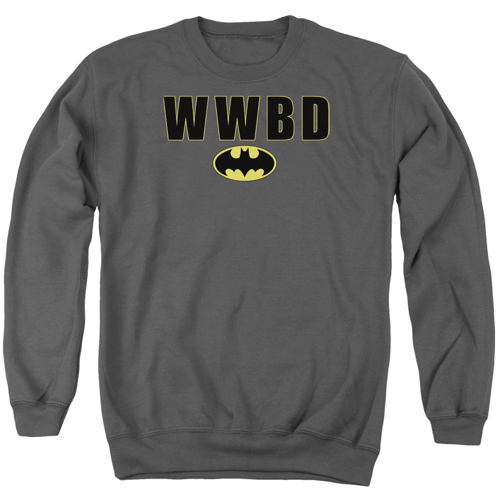 AN OFFCIALLY LICENSED BATMAN WWBD LOGO ADULT UNISEX CREWNECK SWEATSHIRT CHARCOAL