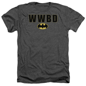 AN OFFCIALLY LICENSED BATMAN WWBD LOGO MEN'S HEATHER T-SHIRT CHARCOAL