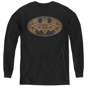 AN OFFCIALLY LICENSED BATMAN AZTEC BAT LOGO YOUTH LONG SLEEVE T-SHIRT BLACK