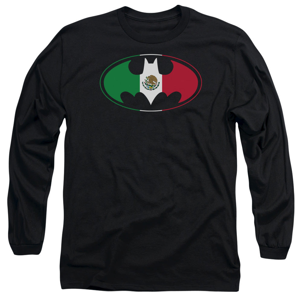 AN OFFCIALLY LICENSED BATMAN MEXICAN FLAG SHIELD MEN'S LONG SLEEVE T-SHIRT BLACK