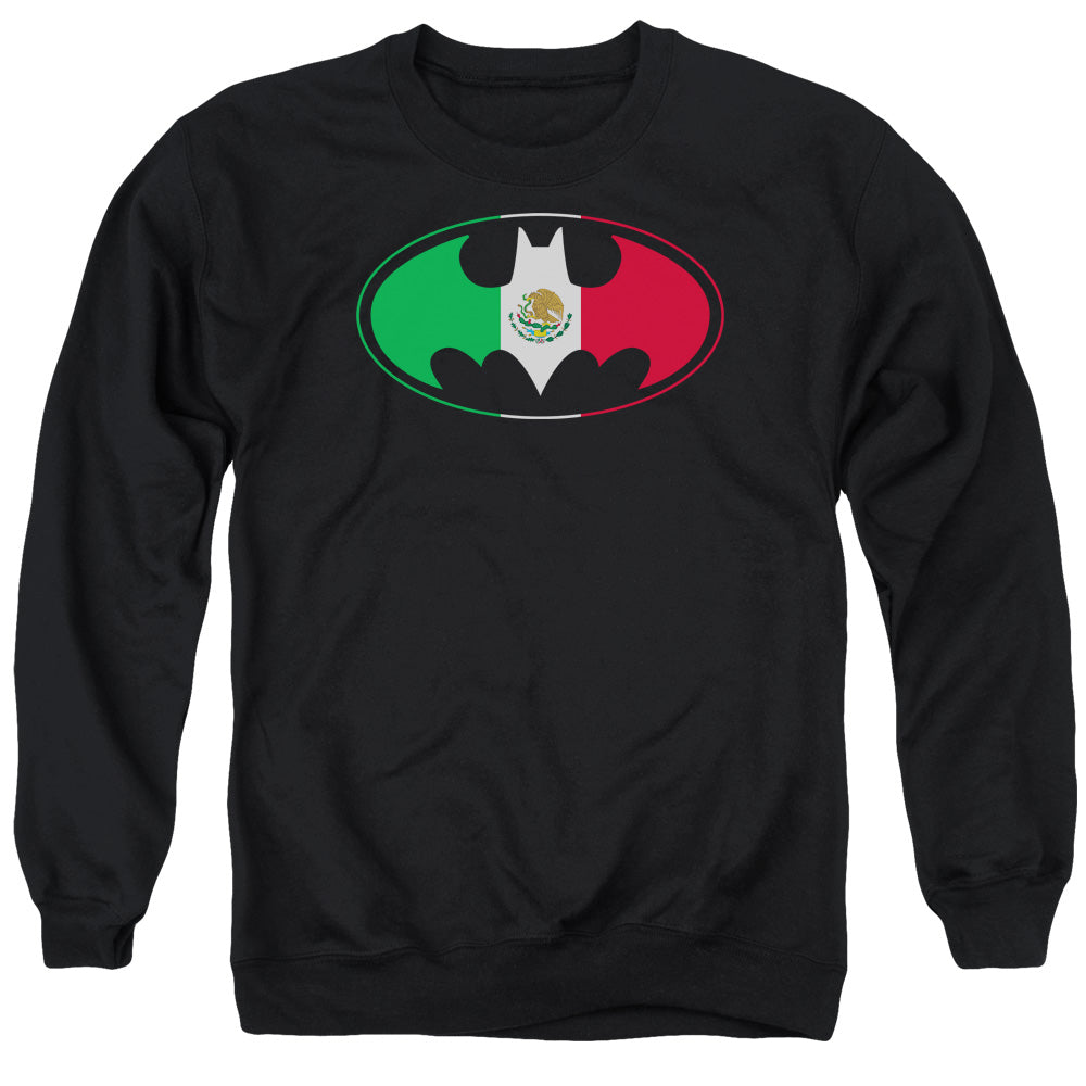 AN OFFCIALLY LICENSED BATMAN MEXICAN FLAG SHIELD ADULT UNISEX CREWNECK SWEATSHIRT BLACK