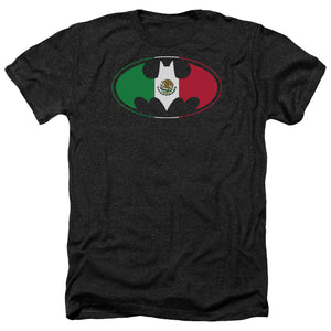 AN OFFCIALLY LICENSED BATMAN MEXICAN FLAG SHIELD MEN'S HEATHER T-SHIRT CHARCOAL
