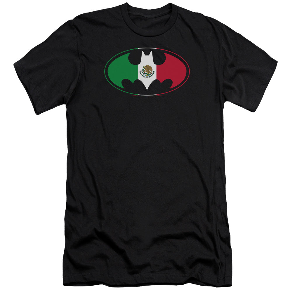 AN OFFCIALLY LICENSED BATMAN MEXICAN FLAG SHIELD MEN'S PREMIUM SLIM FIT T-SHIRT BLACK
