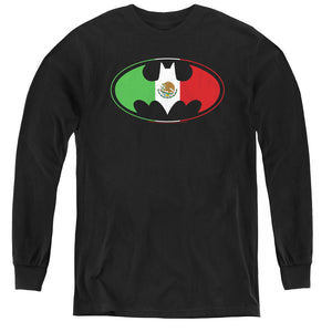 AN OFFCIALLY LICENSED BATMAN MEXICAN FLAG SHIELD YOUTH LONG SLEEVE T-SHIRT BLACK