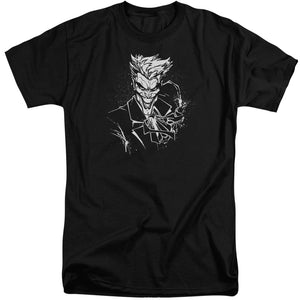 AN OFFCIALLY LICENSED BATMAN JOKERS SPLATTER SMILE MEN'S TALL FIT T-SHIRT BLACK