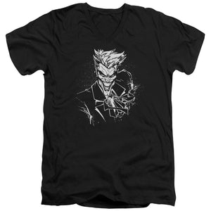 AN OFFCIALLY LICENSED BATMAN JOKERS SPLATTER SMILE MEN'S V-NECK T-SHIRT BLACK