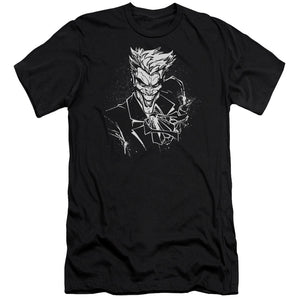 AN OFFCIALLY LICENSED BATMAN JOKERS SPLATTER SMILE MEN'S PREMIUM SLIM FIT T-SHIRT BLACK