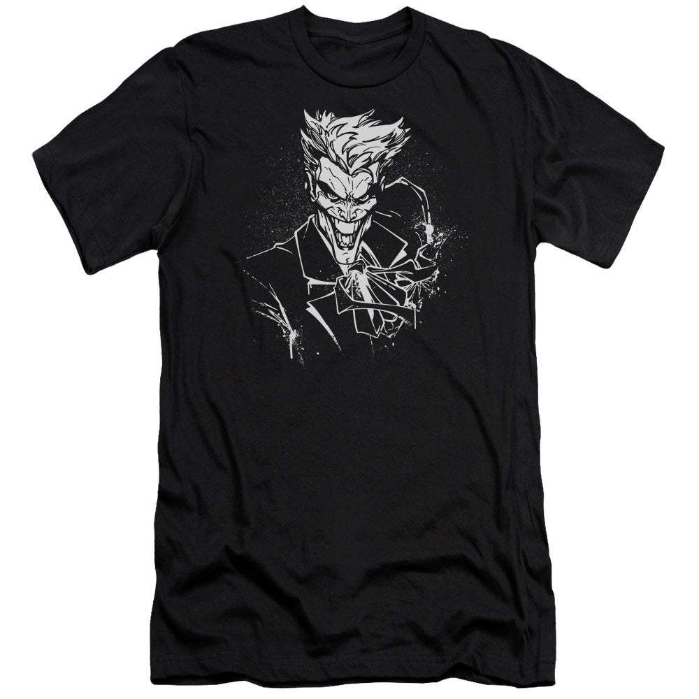 AN OFFCIALLY LICENSED BATMAN JOKERS SPLATTER SMILE MEN'S PREMIUM SLIM FIT T-SHIRT BLACK