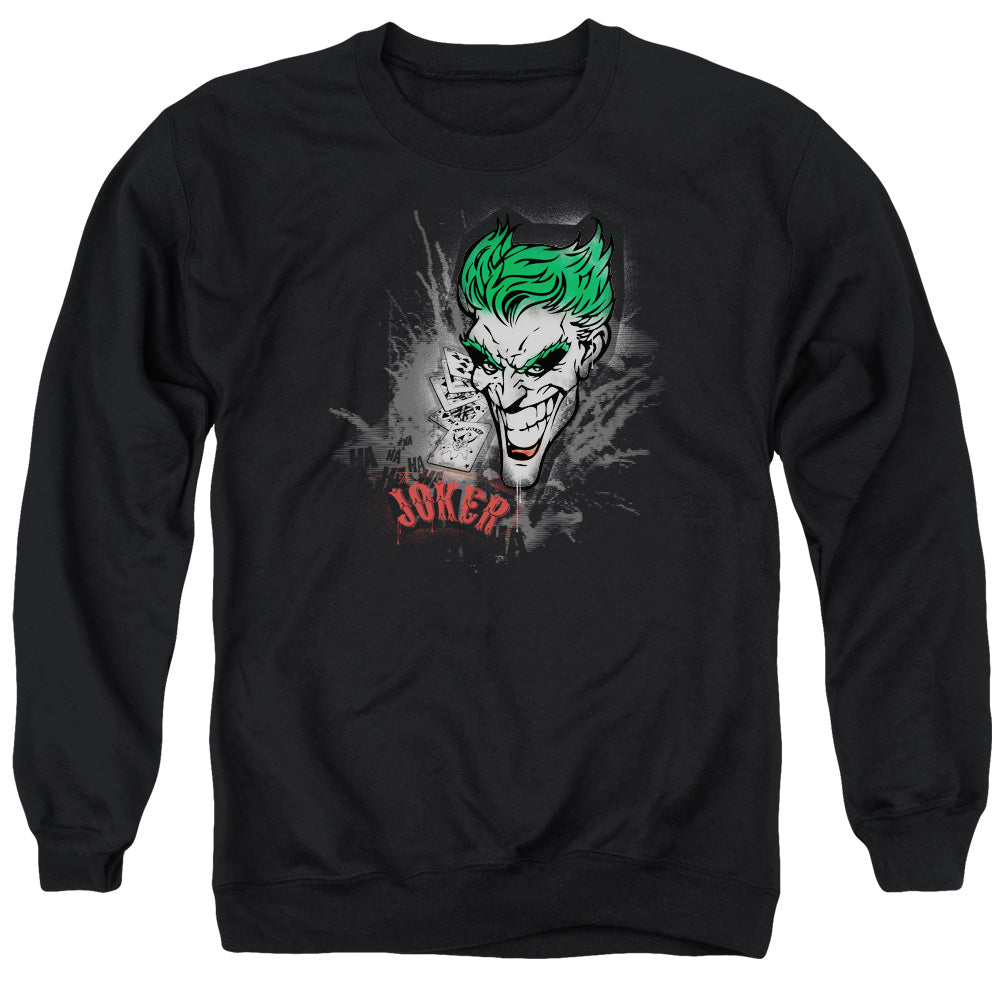 AN OFFCIALLY LICENSED BATMAN JOKER SPRAYS THE CITY ADULT UNISEX CREWNECK SWEATSHIRT BLACK