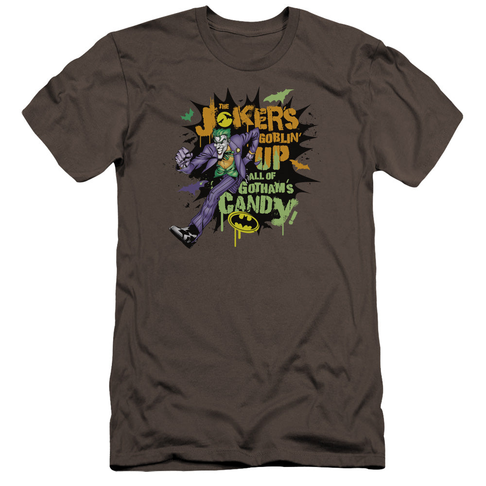 AN OFFCIALLY LICENSED BATMAN GOBLIN CANDY MEN'S PREMIUM SLIM FIT T-SHIRT CHARCOAL