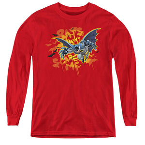 AN OFFCIALLY LICENSED BATMAN BATS DONT SCARE ME YOUTH LONG SLEEVE T-SHIRT RED