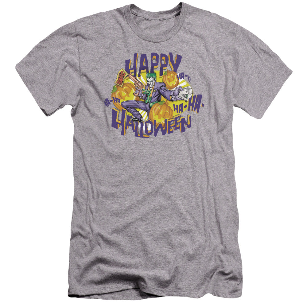 AN OFFCIALLY LICENSED BATMAN HA HA HALLOWEEN MEN'S PREMIUM SLIM FIT T-SHIRT ATHLETIC HEATHER