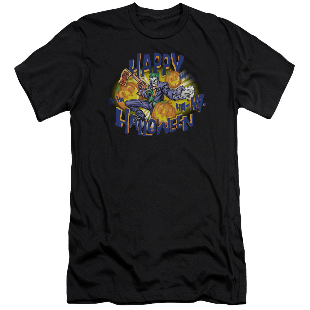 AN OFFCIALLY LICENSED BATMAN HA HA HALLOWEEN MEN'S PREMIUM SLIM FIT T-SHIRT BLACK