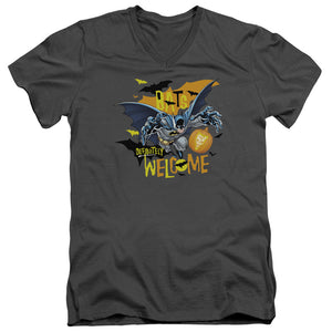 AN OFFCIALLY LICENSED BATMAN BATS WELCOME MEN'S V-NECK T-SHIRT CHARCOAL