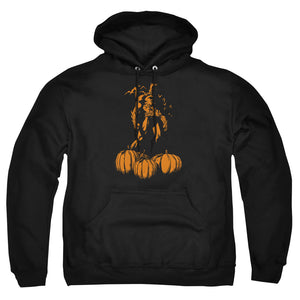 AN OFFCIALLY LICENSED BATMAN A BAT AMONG PUMPKINS ADULT UNISEX PULLOVER HOODIE BLACK