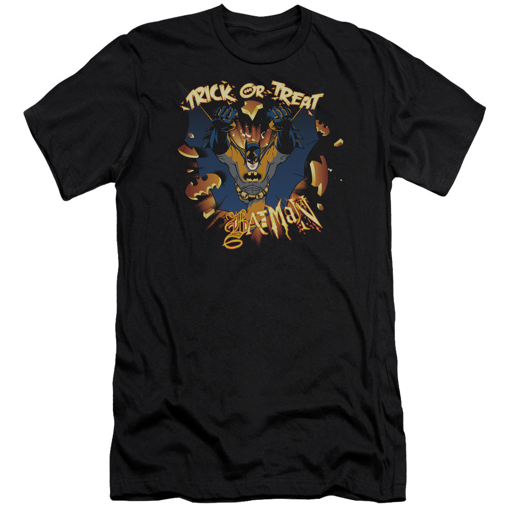 AN OFFCIALLY LICENSED BATMAN PUMPKIN BURST MEN'S PREMIUM SLIM FIT T-SHIRT BLACK