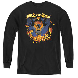AN OFFCIALLY LICENSED BATMAN PUMPKIN BURST YOUTH LONG SLEEVE T-SHIRT BLACK