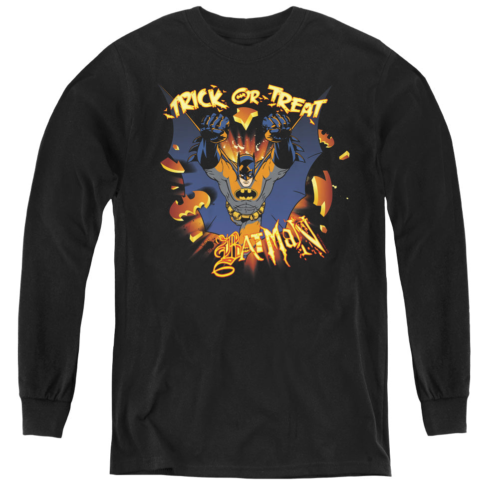 AN OFFCIALLY LICENSED BATMAN PUMPKIN BURST YOUTH LONG SLEEVE T-SHIRT BLACK