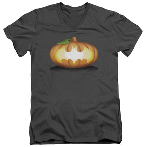AN OFFCIALLY LICENSED BATMAN BAT PUMPKIN LOGO MEN'S V-NECK T-SHIRT CHARCOAL
