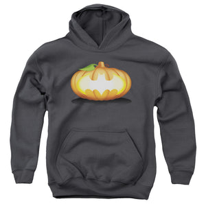 AN OFFCIALLY LICENSED BATMAN BAT PUMPKIN LOGO YOUTH HOODIE CHARCOAL