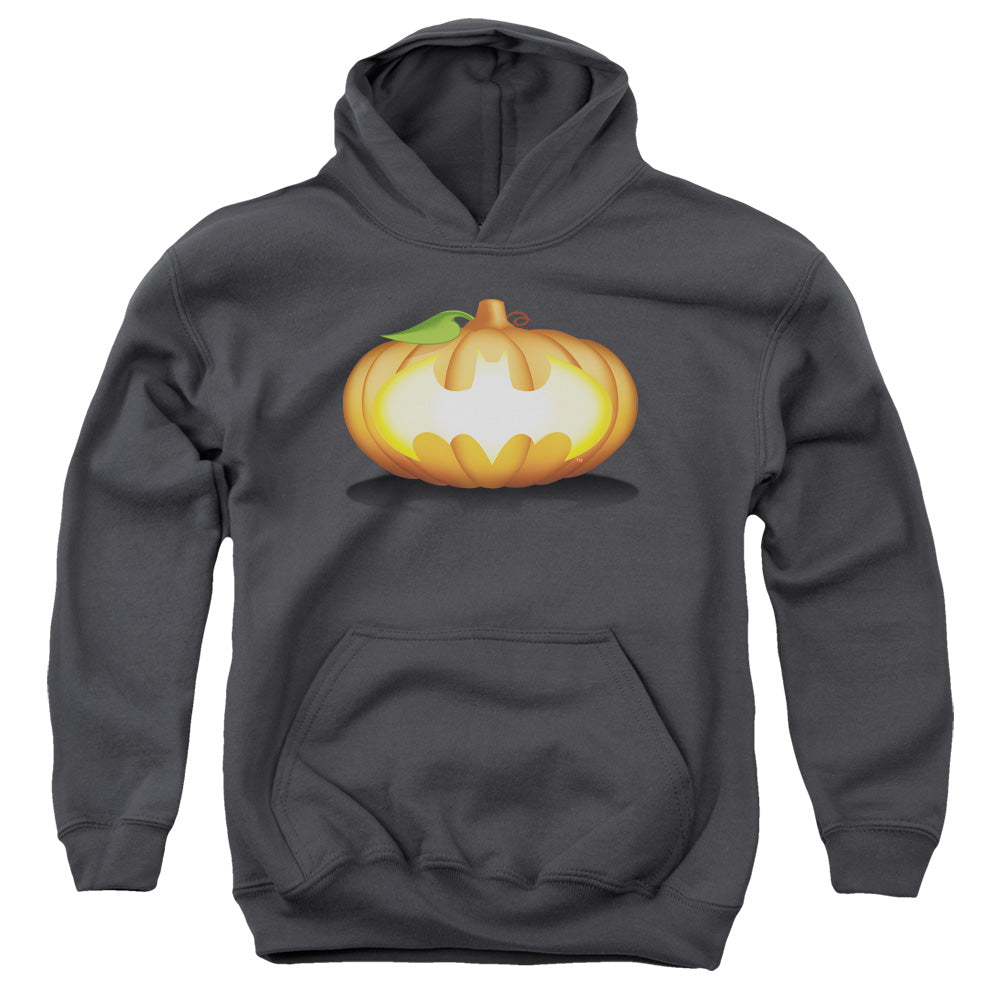 AN OFFCIALLY LICENSED BATMAN BAT PUMPKIN LOGO YOUTH HOODIE CHARCOAL