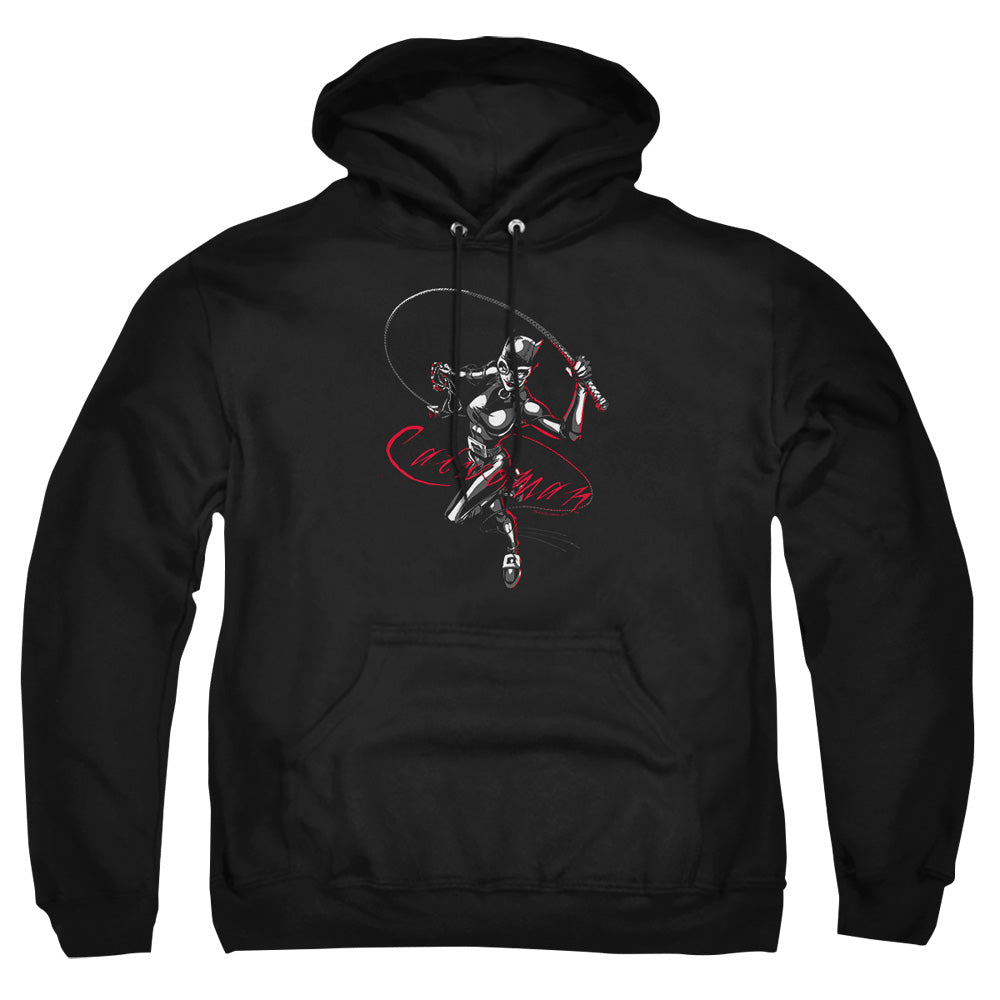AN OFFCIALLY LICENSED BATMAN KITTEN WITH A WHIP ADULT UNISEX PULLOVER HOODIE BLACK
