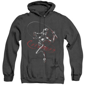 AN OFFCIALLY LICENSED BATMAN KITTEN WITH A WHIP ADULT UNISEX HEATHER PULLOVER HOODIE BLACK