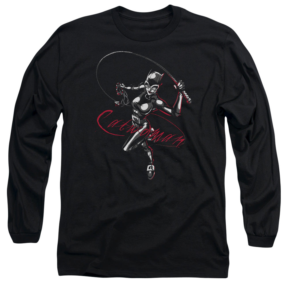 AN OFFCIALLY LICENSED BATMAN KITTEN WITH A WHIP MEN'S LONG SLEEVE T-SHIRT BLACK