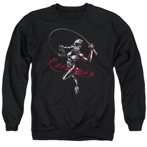 AN OFFCIALLY LICENSED BATMAN KITTEN WITH A WHIP ADULT UNISEX CREWNECK SWEATSHIRT BLACK