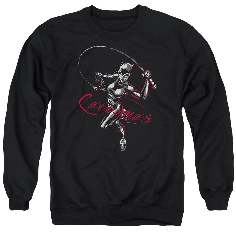 AN OFFCIALLY LICENSED BATMAN KITTEN WITH A WHIP ADULT UNISEX CREWNECK SWEATSHIRT BLACK