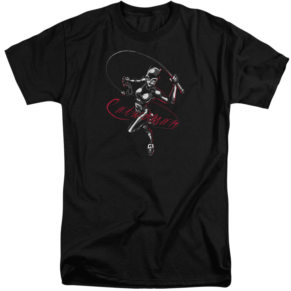 AN OFFCIALLY LICENSED BATMAN KITTEN WITH A WHIP MEN'S TALL FIT T-SHIRT BLACK