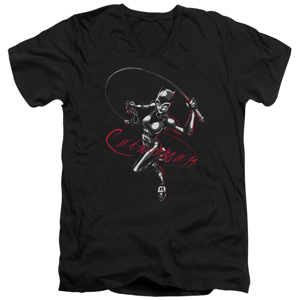 AN OFFCIALLY LICENSED BATMAN KITTEN WITH A WHIP MEN'S V-NECK T-SHIRT BLACK