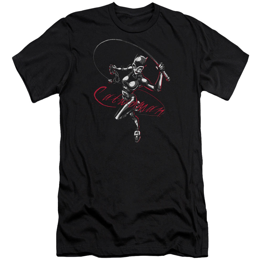 AN OFFCIALLY LICENSED BATMAN KITTEN WITH A WHIP MEN'S PREMIUM SLIM FIT T-SHIRT BLACK