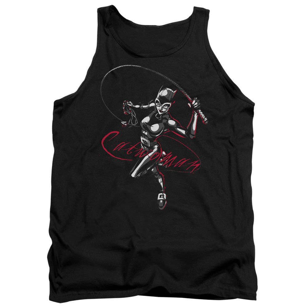 AN OFFCIALLY LICENSED BATMAN KITTEN WITH A WHIP ADULT UNISEX TANK TOP BLACK
