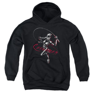 AN OFFCIALLY LICENSED BATMAN KITTEN WITH A WHIP YOUTH HOODIE BLACK