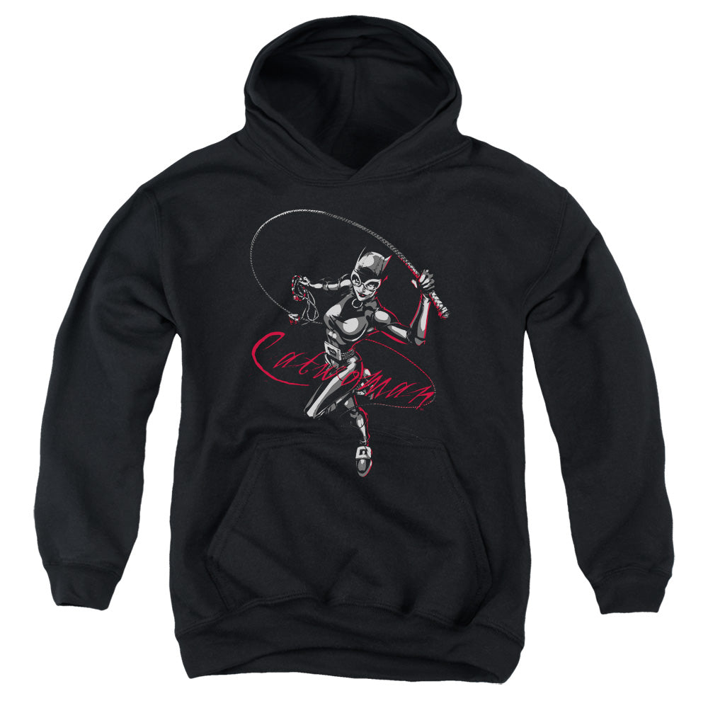AN OFFCIALLY LICENSED BATMAN KITTEN WITH A WHIP YOUTH HOODIE BLACK